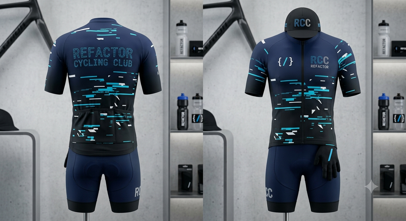 Форма VeloCore, версия Runtime — тёмно-синее джерси с бирюзовым цифровым узором